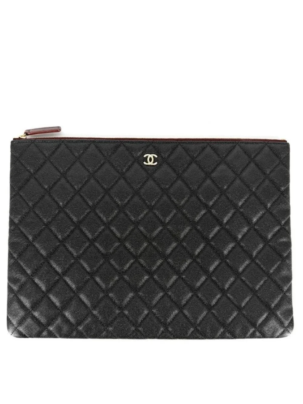 Chanel Clutch Quilted Second CC Logo Caviar Leather Black Gold